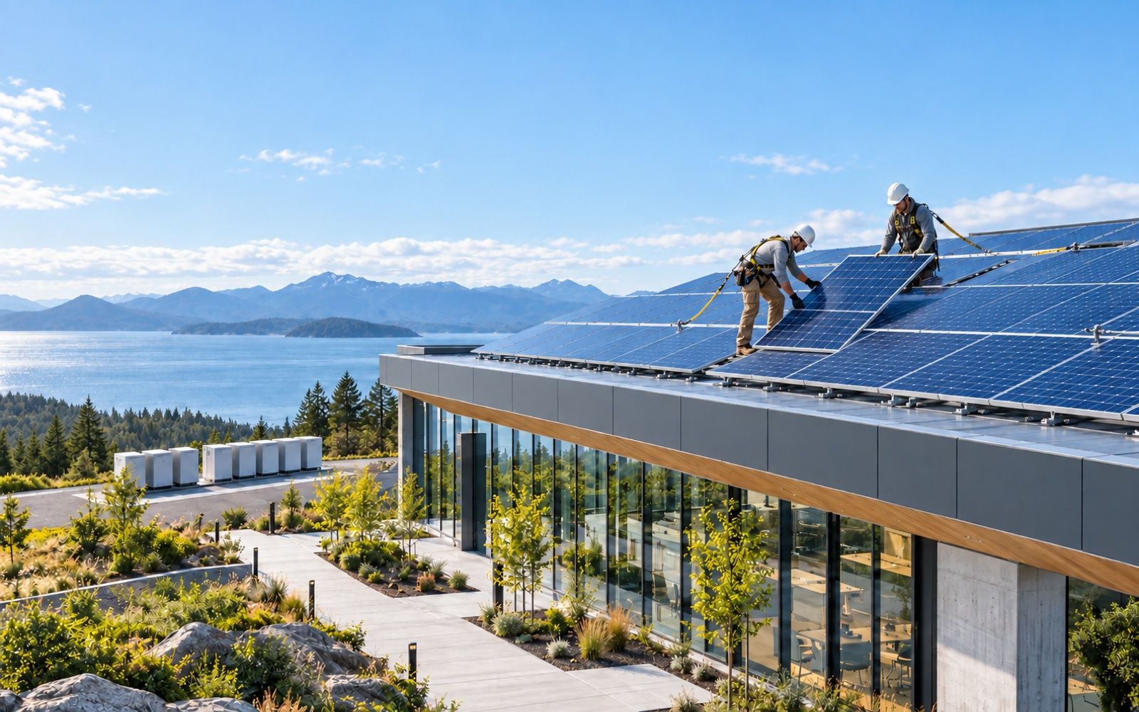 Two installers positioning solar panels on a rooftop overlooking a green landscape